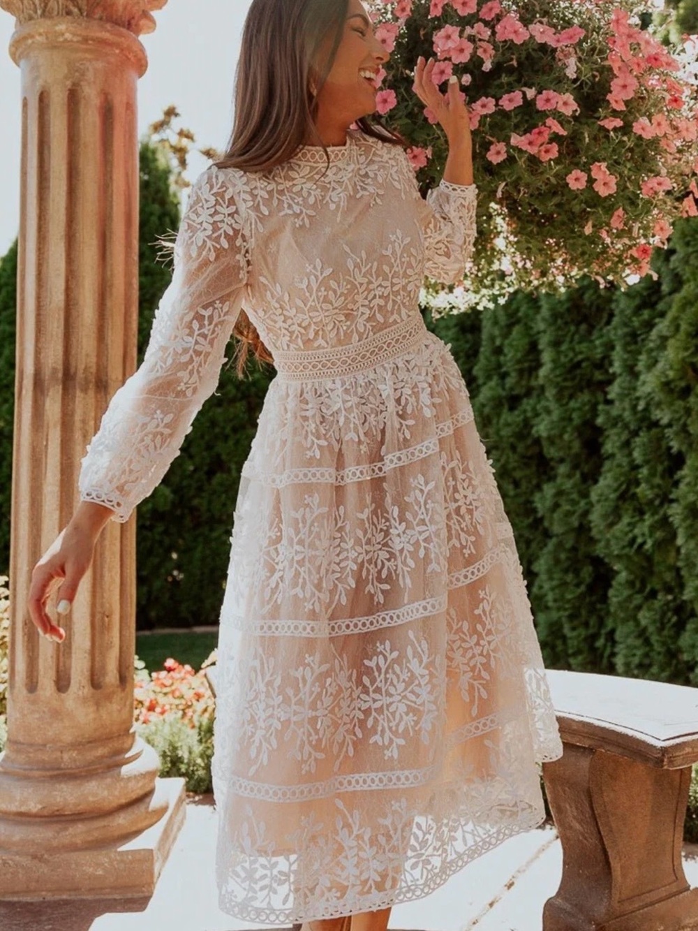 Ivy City Co Cream Lace Midi Dress with White Floral Embroidery - Picture 2 of 3
